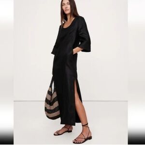 Banana Republic Black V-Neck 100% Linen Maxi Dress with Side Slit